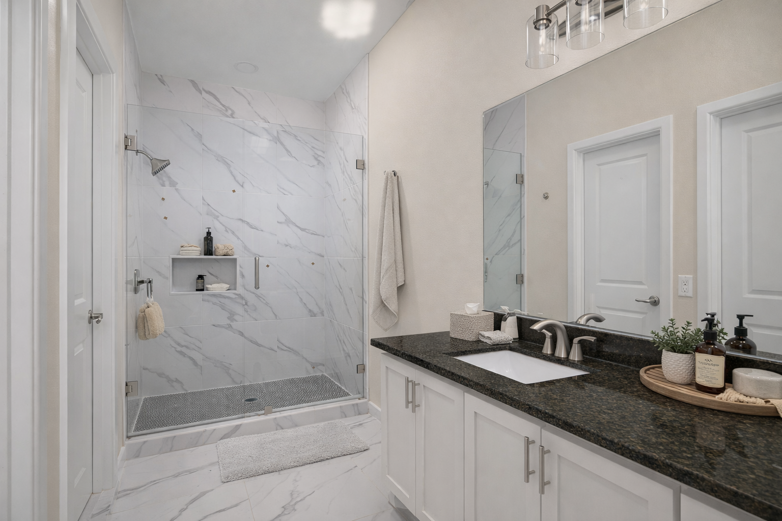 Bathroom with marble-look shower and dark stone vanity
