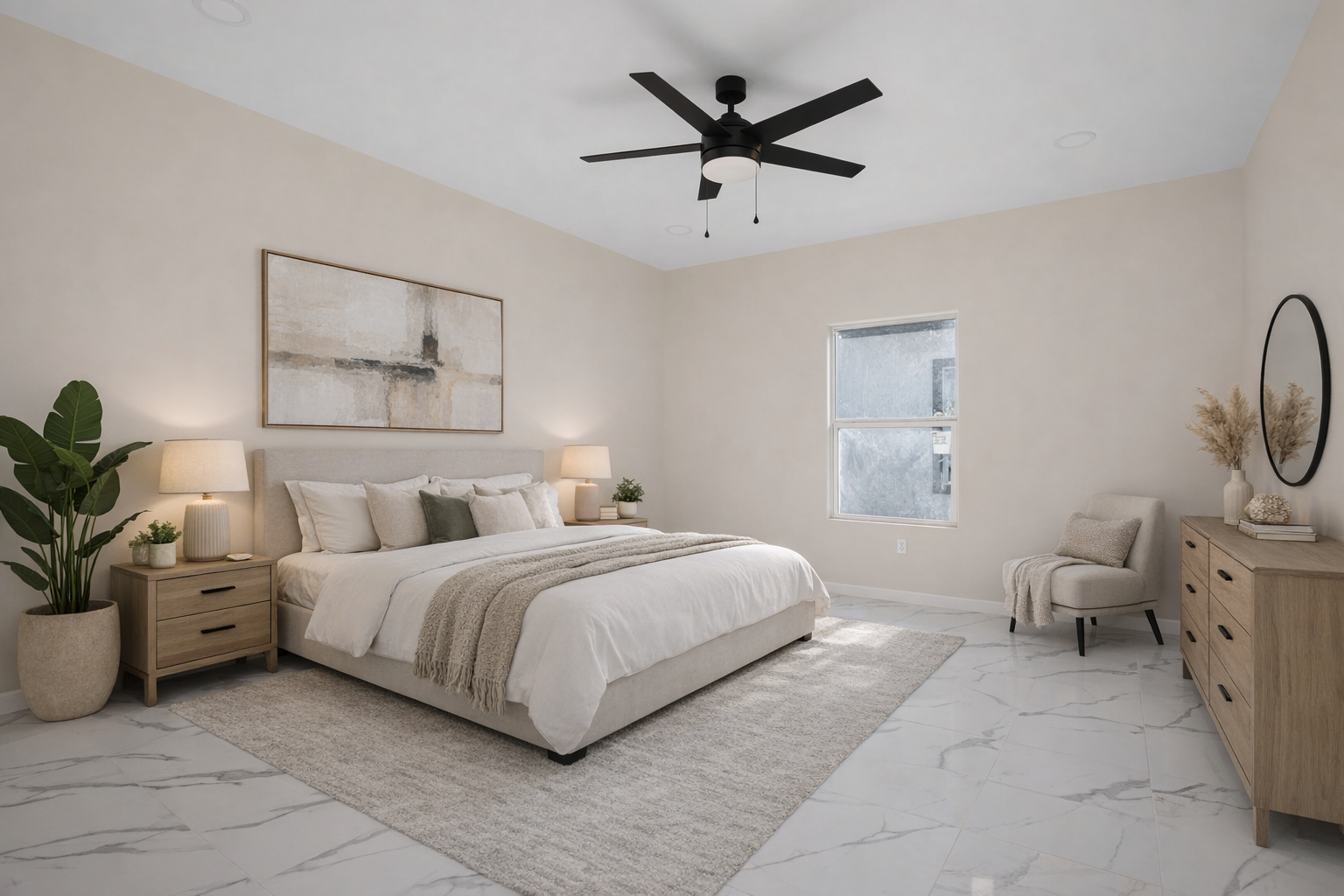 Furnished primary bedroom with king bed and ceiling fan