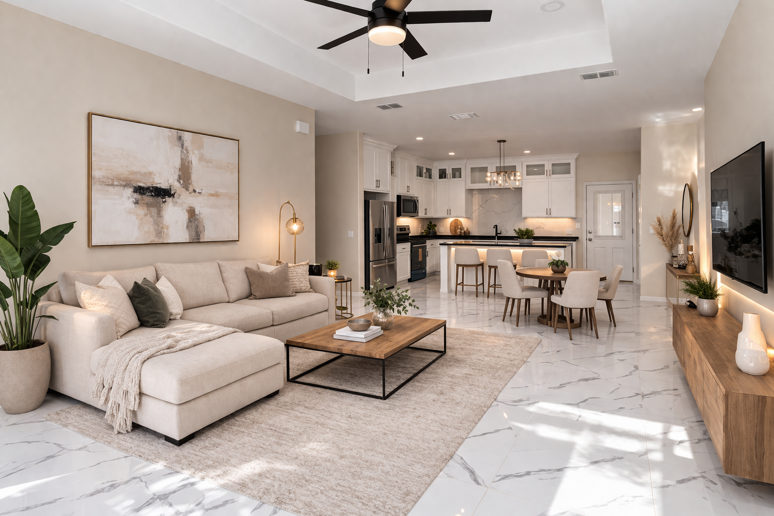 Furnished living area opening into the kitchen